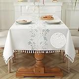 JIALE Table Cloth Rectangle Table, Heavy Duty Cotton Linen Waterproof Tablecloths Farmhouse Tablecloth, Soft and Wrinkle Free Table Cover with Tassels, Square, Green Flowers, 55''x86''