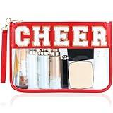 BuyCard Cheer Chenille Letter Bags Clear Makeup Bag, Cheerleader Gifts Cosmetic Bag, Varsity Preppy Patch Flat Pouch Cheer Accessories, Waterproof PVC Organizer Toiletry Bag for Women Girls Red