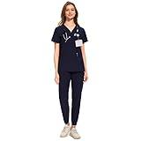 COZYFIT Medical Scrubs for Women Set - Curved V-Neck Scrub Top & Jogger Pants with 8 Pockets - Navy Blue, XXL