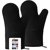 GORILLA GRIP Heat Resistant Durable Silicone Oven Mitts, BPA-Free Protective Grilling Potholders, Soft Cotton Lining, Flexible Waterproof Cooking Mitt Set, Kitchen Home Essentials, 12.5x8.3, Black