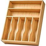 Umilife Bamboo Kitchen Drawer Organizer, 13 Inch Silverware Utensil Tray Holder, Extra Deep Grooved Drawer Divider, 7 Slots Total Bamboo Wood Caddy for Flatware Cutlery Knives, Forks, Spoons