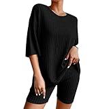 2 Piece Travel Outfits for Women Crew Neck Gym Workout Oversized Tshirts Comfy Lounge Knit Ribbed Biker Shorts Plus Size Matching Sets Women Clothing Two Piece Set Pilates Winter Brunch Summer Outfits