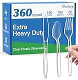 Dealusy 360 Count Extra Heavy Duty Clear Plastic Silverware, 150 Forks, 150 Spoons, 60 Knives, BPA-Free, Heat Resistant, Disposable Plastic Utensils Set, Plastic Cutlery Set, Plasticware Bulk