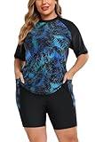 Halcurt Womens Plus Size Rash Guard with Bra Two Piece Swimsuit Set Long Shorts Bathing Suit Black Green Palm 3X