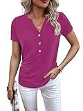 Womens Tops Short Sleeve Shirts for Women Spring Fashion 2024 V Neck Button Down Tshirts Summer Clothes Trendy Tunics Dressy Casual Blouses Deep Pink Large