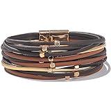 FANCY SHINY Beaded Leather Wrap Bracelets Cute Boho Stackable Bangle Cuff with Magnetic Clasp Layered Trendy Jewelry for Women(Brown)