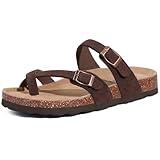 Litfun Women's Genuine Suede Cork Footbed Sandals Comfortable Summer Slides with Adjustable Buckle, Brown 39