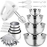 WEPSEN Hand Mixer Electric Mixing Bowls Set, 5 Speeds Handheld Mixer with 4 Nesting Stainless Steel Mixing Bowl, Measuring Cups Spoons 200W Kitchen Blender Whisk Beater Baking Supplies For Beginner