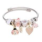 DS Charm Bracelets for girls,exquisite cute cartoon friendship bracelets Silver Stainless Steel Bangle with birthday Gift box, Adjustable girls jewelry Suitable for holiday gifts (Silver-pink beetle)