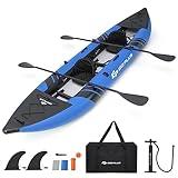 Goplus Inflatable Kayak, 2-Person Kayak Set for Adults with 507 LBS Weight Capacity, 2 Aluminium Oars, EVA Padded Seat, 2 Fins, Hand Pump, Carry Bag, Repair Kit, Portable Touring Kayaks (Blue)