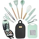 Camkinger Silicone Camping Cooking Utensils Set - 12Pcs Green Kitchen Cookware Set, Outdoor Camper Accessories with Portable Hand Bag, RV Must Haves Gear for Travel BBQ, for Camper