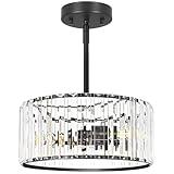 Black 3 Light Crystal Chandelier, Modern Dining Room Light Fixture over Table, Round Kitchen Lighting Fixture, Farmhouse Semi Flush Mount Ceiling Pendant Light for Living Room Bedroom Hallway Entryway