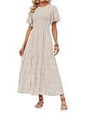 ZESICA Women's 2025 Summer Casual Floral Print Short Flutter Sleeve Crew Neck Smocked High Waist Flowy Maxi Dress,Beige,Large