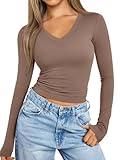 Trendy Queen Long Sleeve Shirts for Women 2024 Fall Fashion V Neck Basics Crop Tops Layering Slim Fitted Y2K Tops CoffeeGrey M