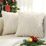 decorUhome Christmas Decorative Throw Pillow Covers 18x18, Soft Plush Faux Wool Couch Pillow Covers for Home, Set of 2, Beige