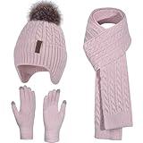 Winter Hat Gloves Scarf Set for Kids Earflap Beanie with Cute Pom Knit Girls Children Baby Toddler Pink Warm Wool Fleece Lining 6 7 8 9 10 Years Old