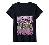 Womens God Is Testing Me... Funny Raccoon Meme Bootleg Graphic 90s V-Neck T-Shirt