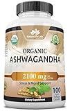 Organic Ashwagandha 2,100 mg - 100 Veggie Capsules Pure Organic Ashwagandha Powder and Root Extract - Stress Relief, Mood Enhancer