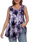 BELAROI Plus Size Tank Tops for Women Sleeveless Tunic Tops Tie Dye Round Neck Loose Fit Flowy Casual Hawaii Shirts Blouses Summer(3X,T12-Dark Purple)