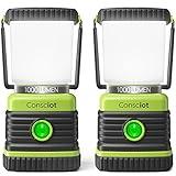 LED Camping Lantern, Consciot Battery Powered Camping Lights, 1000LM, 4 Light Modes, IPX4 Waterproof Tent Lights, Portable Flashlight for Power Outages, Emergency, Hurricane, Hiking, 2-Pack