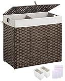 Greenstell Laundry Hamper with lid, No Install Needed, 130L Wicker Laundry Baskets Foldable 2 Removable Liner Bags, 2 Section Clothes Hamper Handwoven Rattan Laundry Basket with Handles, Brown