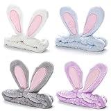 Whaline 4 Pack Easter Bunny Makeup Headband Rabbit Ear Spa Hair Band Coral Fleece Elastic Head Wrap Stretchy Headband for Party Face Washing Beauty Shower Women Girls (Blue, White, Gray, Purple)