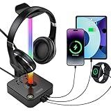 RGB Headphone Stand with USB Charger COZOO Desktop Gaming Headset Holder Hanger with 3 USB Charger and 2 Outlets - Great for Gaming, DJ, Wireless Earphone Display,Gamer PC Accessories Boyfriend Gifts