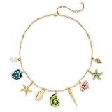 INNERDIVA Gold Chain Necklace with 9 Charms, Gold Plated Eco Zinc Alloy Beach Necklace, Starfish, Shell & Fish Pendant Jewelry for Women Summer Gift
