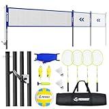 Patiassy 32ft, 26ft and 20ft Width and Height Adjustable Volleyball and Badminton Combo Set with Net, 4 Badminton Rackets, 2 Goose Feather Shuttlecocks and Volleyball for Backyards (Blue)