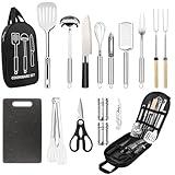 Camping Cooking Utensils Set, Stainless Steel Grill Tools, Camping BBQ Cookware Gear and Equipment for Travel Tenting RV Van Picnic Portable Kitchen Essentials Accessories (Black-16 PCS)