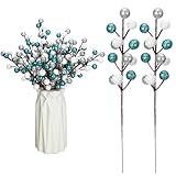 zsccxq 24 Pcs Glitter Berry Stems Christmas Tree Picks Decoration Christmas Faux Holly Colorful Berries Branches Ornaments for Christmas Tree Wreath DIY Craft Decorations (White Silver Lake Blue)