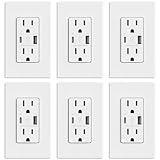 ELEGRP USB Outlets, 15 Amp Wall Outlet with USB Ports, 21W USB Outlets Receptacles with Type A & Type C Ports, Tamper Resistant Receptacle, Wall Plate Included, Ul Listed (6 Pack, Matte White)