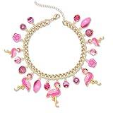 Pink Flamingo Charm Bangle Bracelet Funny Animal Tropical Bird Pearl Beads Link Chain Friendship Bracelet Hawaii Summer Beach Vacation Jewelry