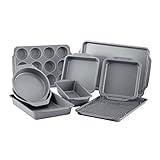 Farberware Nonstick Steel Bakeware Set with Cooling Rack, Baking Pan and Cookie Sheet Set with Nonstick Bread Pan and Cooling Grid, 10-Piece Set, Gray