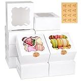 WINKIO 12 Pieces Cookie Boxes with Window, 6×6×3 Inches Treat Boxes for Bakery Dessert Pastry Mini Cake Favor Donut Baked Goods (White, with Stickers)