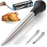 Zulay Kitchen Stainless Steel Turkey Baster for Cooking - Food Grade Metal Turkey Baster Syringe & Silicone Suction Bulb - Turkey Baster Large Size - Includes 2 Detachable Needles and Cleaning Brush