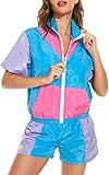 Yisfri Women Retro 80's 90's 2 Piece Track Suit Theme Party Zipper Windbreaker Neon Joggers Set (Blue, M)