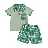 LAGKIYOJ Toddler Boy Summer Clothes Plaid Pattern Button Turn Down Collar Short Sleeve Shirt+Shorts Newborn Baby Boy Outfit (Green Plaid, 18-24 Months)