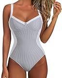 SUUKSESS Womens Tummy Control Slimming One Piece Swimsuits Sexy V Neck Crisscross Back Bathing Suits Push up Swimwear(White Black Striped，Small)