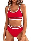 BMJL Women's High Waisted Bikini Sets Sporty Two Piece Swimsuits Color Block Cheeky High Cut Bathing Suits(XL,Red)