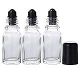 3Pcs 30ML Clear Glass Empty Refillable Roll-On Bottles with Stainless Steel Roller Ball and Black Cap Essential Oil Perfume Eye Essence Fluid Cosmetic Containers Dispense Sample Vials for Beauty