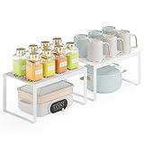DOLALIKE Expandable Cabinet Shelf Organizers, Set of 2 Stackable Kitchen Countertop Shelf Storage, Spice Rack Mug Organizer for Cabinet, Counter Cupboard Pantry Rack Stand (White)