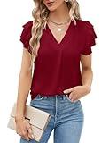 Blooming Jelly Womens Dressy Casual Shirts Short Sleeve V Neck Work Blouse Business Casual Summer Tops 2024(M, Wine Red)