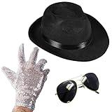 Funny Party Hats Michael Jackson Costume - Set of 3 - Fedora Hat, Sequin Glove, and Sunglasses (Fedora, Black, One Size)