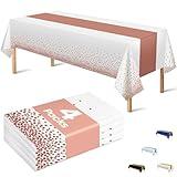 OHOME 4 Pack Disposable Plastic Table Cloths,White and Rose Gold Rectangle Table Covers for Birthday Valentines Decor Pink Sweet 16 Party Decorations - Baby Shower Decorations for Girl 54" x 108"
