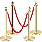 Stainless Steel Stanchion Post,Stanchions with Red Rope,Hollow Base and Velvet Ropes Safety Barriers Set,Carpet Runner for Party (4pack-Gold)