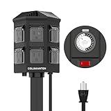 Columanten Outdoor Power Stake Timer, 24 Hour Mechanical Outdoor Timer Waterproof, 6 ft Extension Cord, 6 Grounded Outlets for Outdoor Lights, ETL Listed