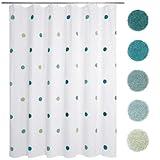 Allure Home Creation Dots Fabric Shower Curtain Pom Poms on White (Teal) 70"x72"