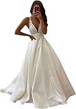 Ternlm Womens Spaghetti Straps Lace Appliqued Wedding Dresses White V Neck Backless Bridal Gown for Wedding Size US8