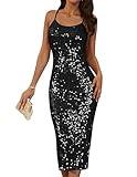 Sparkly Formal Dresses for Women Wedding Guest Sleeveless Midi Bodycon Cocktail Dress Spaghetti Strap Evening Dress Black M